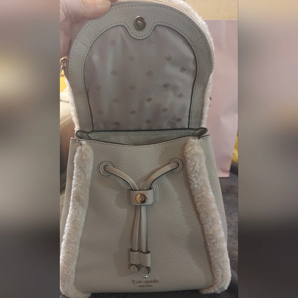 Kate Spade Leila Leather Medium Flap Backpack Faux Shearling in Light Sand